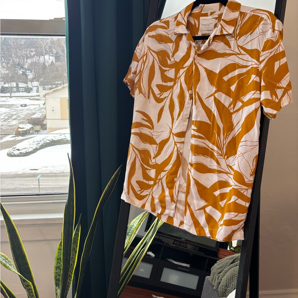 Denim & Flower Mustard and White Leaf Print Shirt